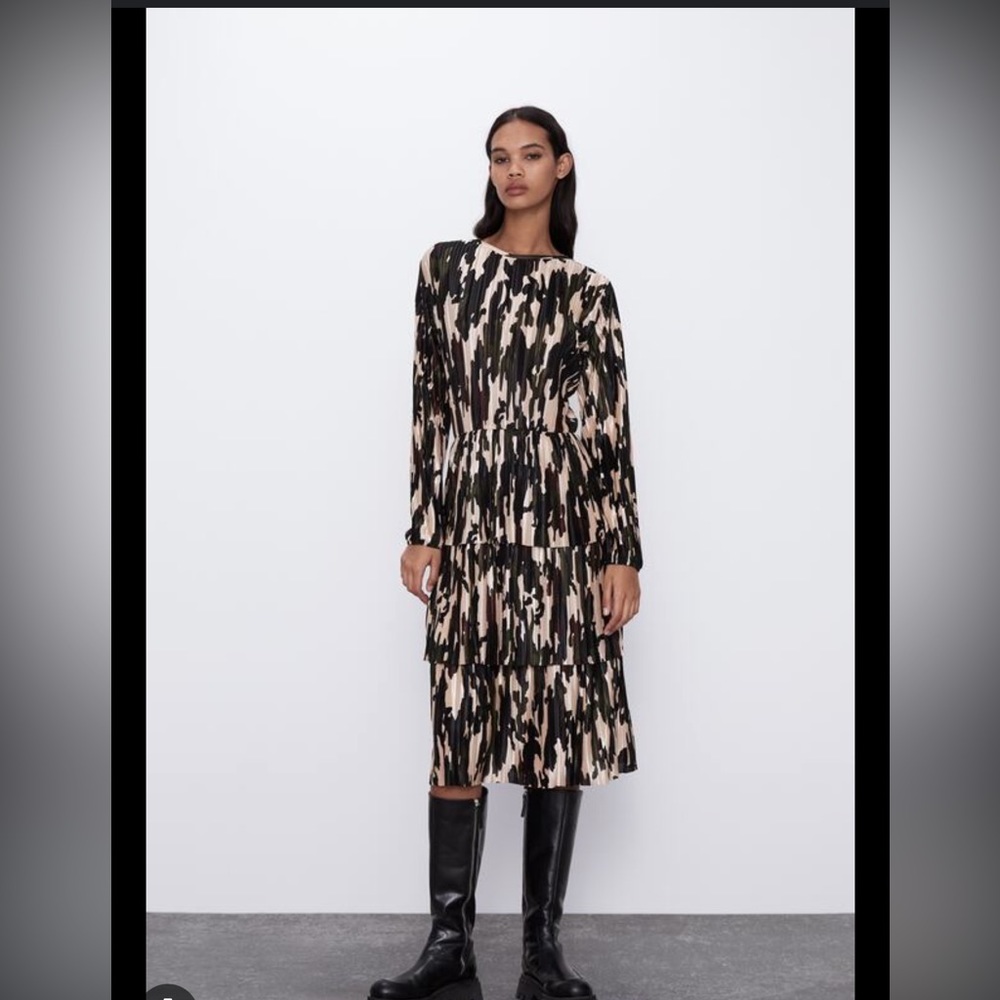 Zara Black and Beige Abstract Print Long Sleeve Midi Dress